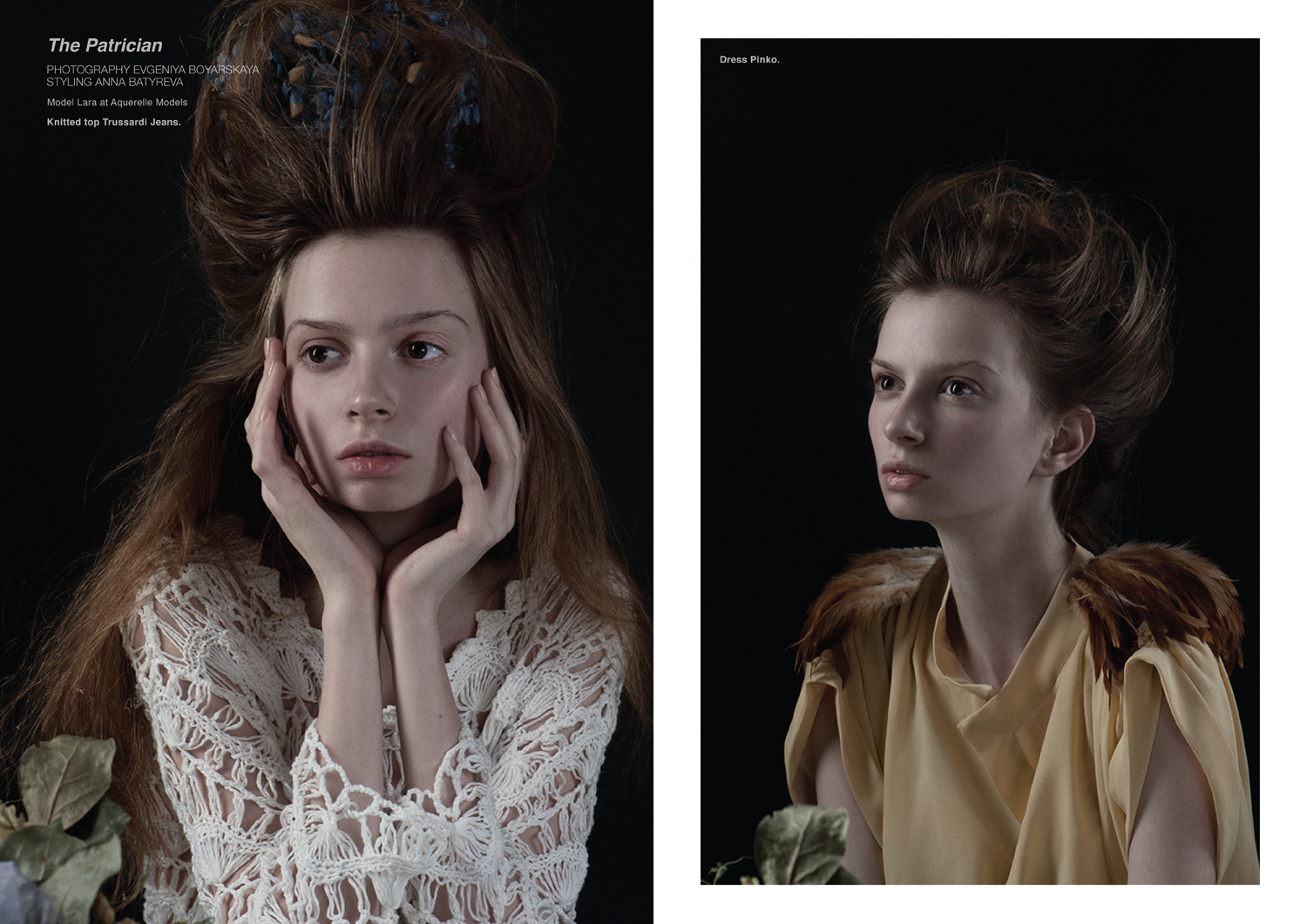 Left page, Knitted top Trussardi Jeans. Right page, Dress Pinko.