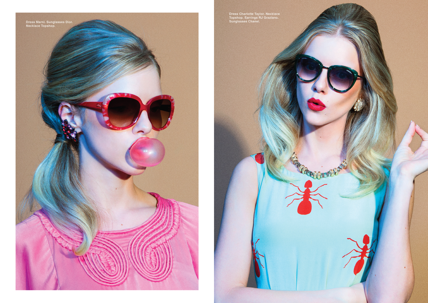 Left page, dress Marni. Sunglasses Christian Dior. Necklace Topshop. Right page, dress Charlotte Taylor. Necklace Topshop. Earrings RJ Graziano. Sunglasses Chanel.