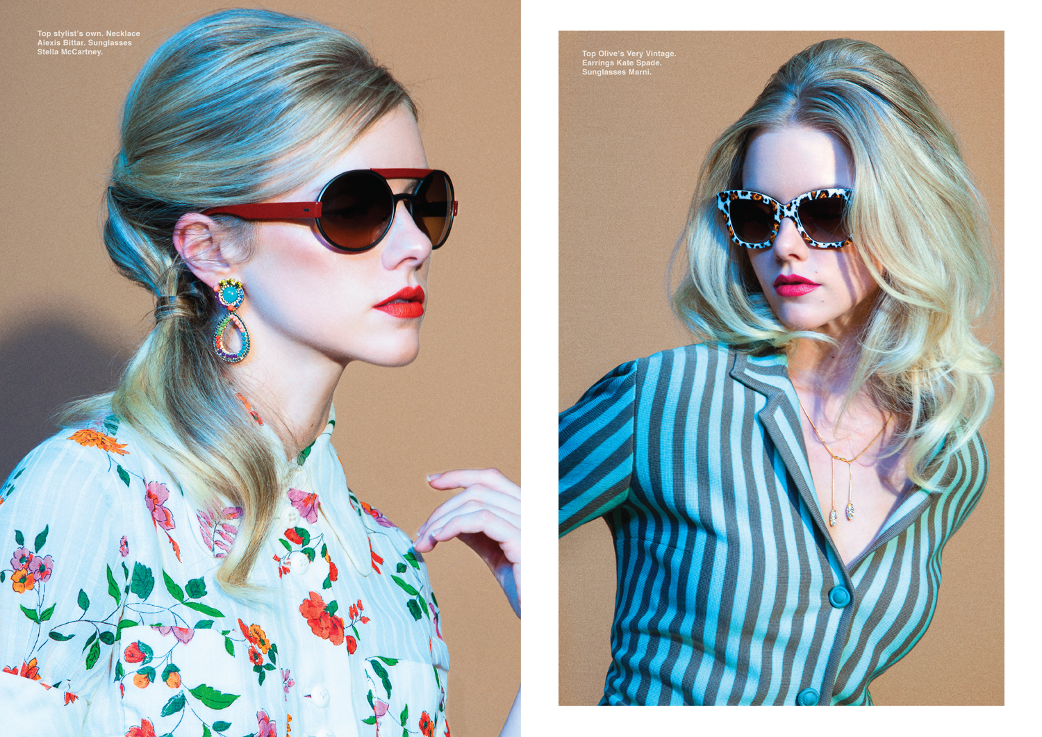 Left page, top stylist's own. Necklace Alexis Bittar. Sunglasses Stella McCartney. Right page, top Olive's Very Vintage. Earrings Kate Spade. Sunglasses Marni. 
