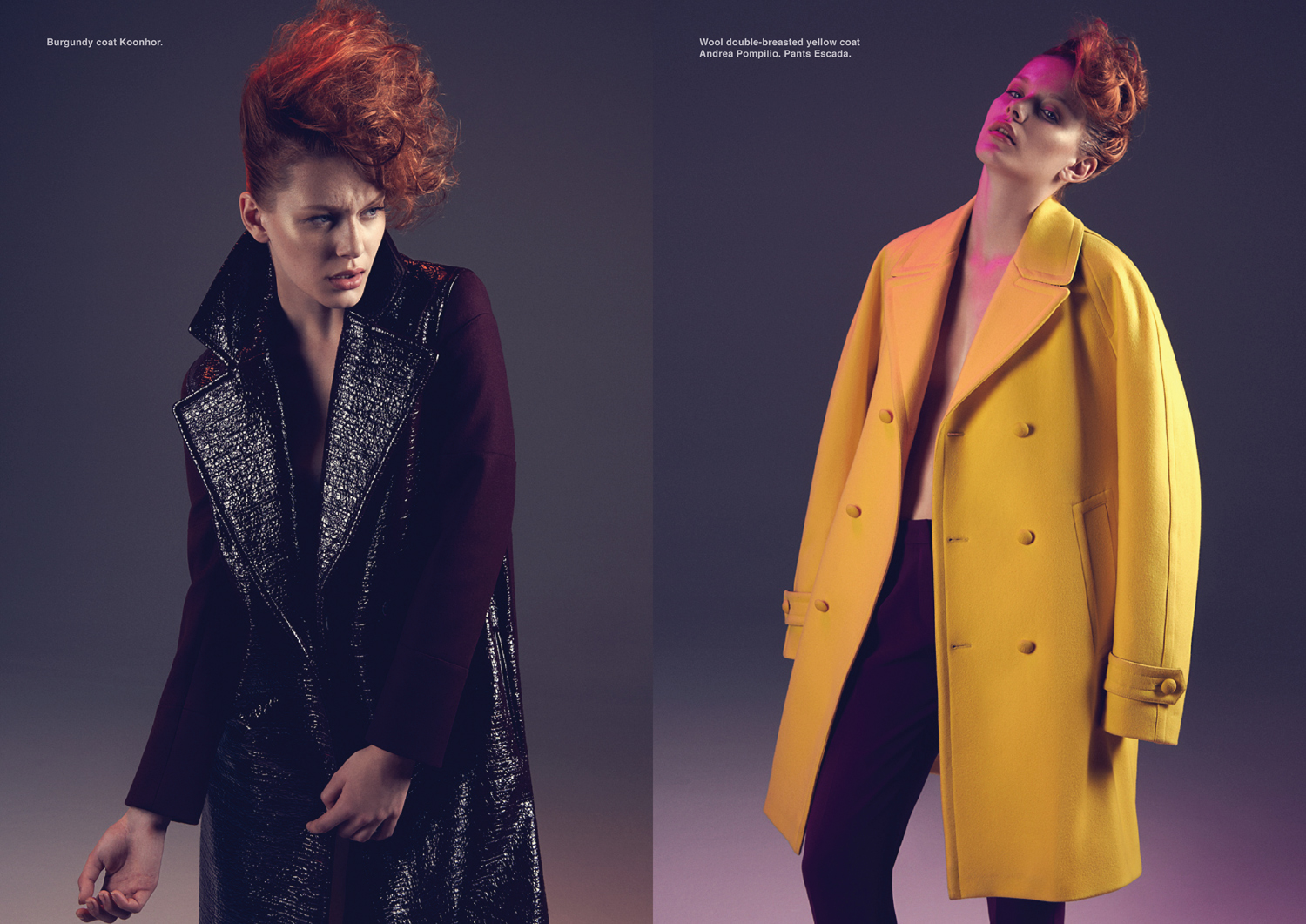 Left page, burgundy coat Koonhor. Right page, wool double-breasted yellow coat Andrea Pompilio. Pants Escada.