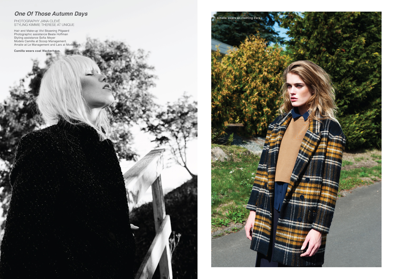 Left page, Camilla wears coat Wackerhaus. Right page, Amalie wears all clothing Zara.